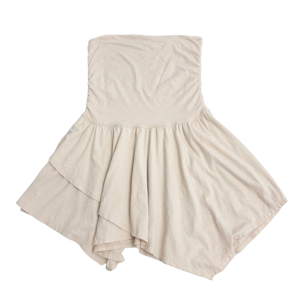 Aerie Strapless Handkerchief Mini Dress Size XL Beige Cotton Beach Asymmetrical - Picture 8 of 10